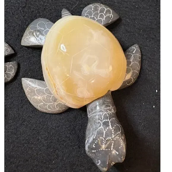 Two Hand Carved Agate/Jasper Turtles - 4" & 2" - Excellent - Picture 3 of 4